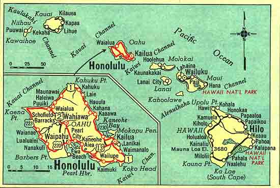 Hawaii map in 1959 atlas, showing some of Oahu's wartime routes
