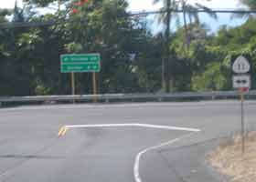 T-intersection of short Haawina Street connector from Mamalahoa Highway with Kuakini Highway, which is south end of county route 180