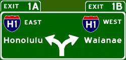 H-2 splits here, exit 1A to H-1 east, exit 1B to H-1 west