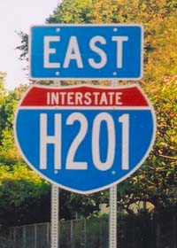 Freestanding Interstate route marker, with 'H201' inside bubble-type shield