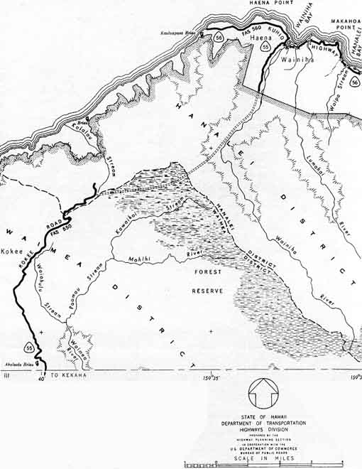 1962 map showing proposed extension of what was then route 55 in northwestern Kauai, to connect to what was then route 56