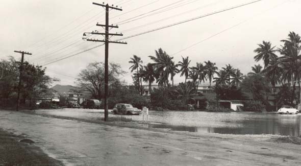 Ala Moana Blvd. in Waikiki, after a rainstorm in 1950