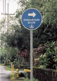 Civil defense sign, guiding evacuees inland