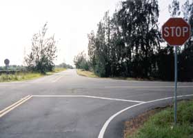 Red Road, with black pavement, facing south at intersection with county 132