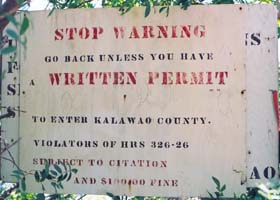 Closeup of sign at mule trail entrance to Kalawao County